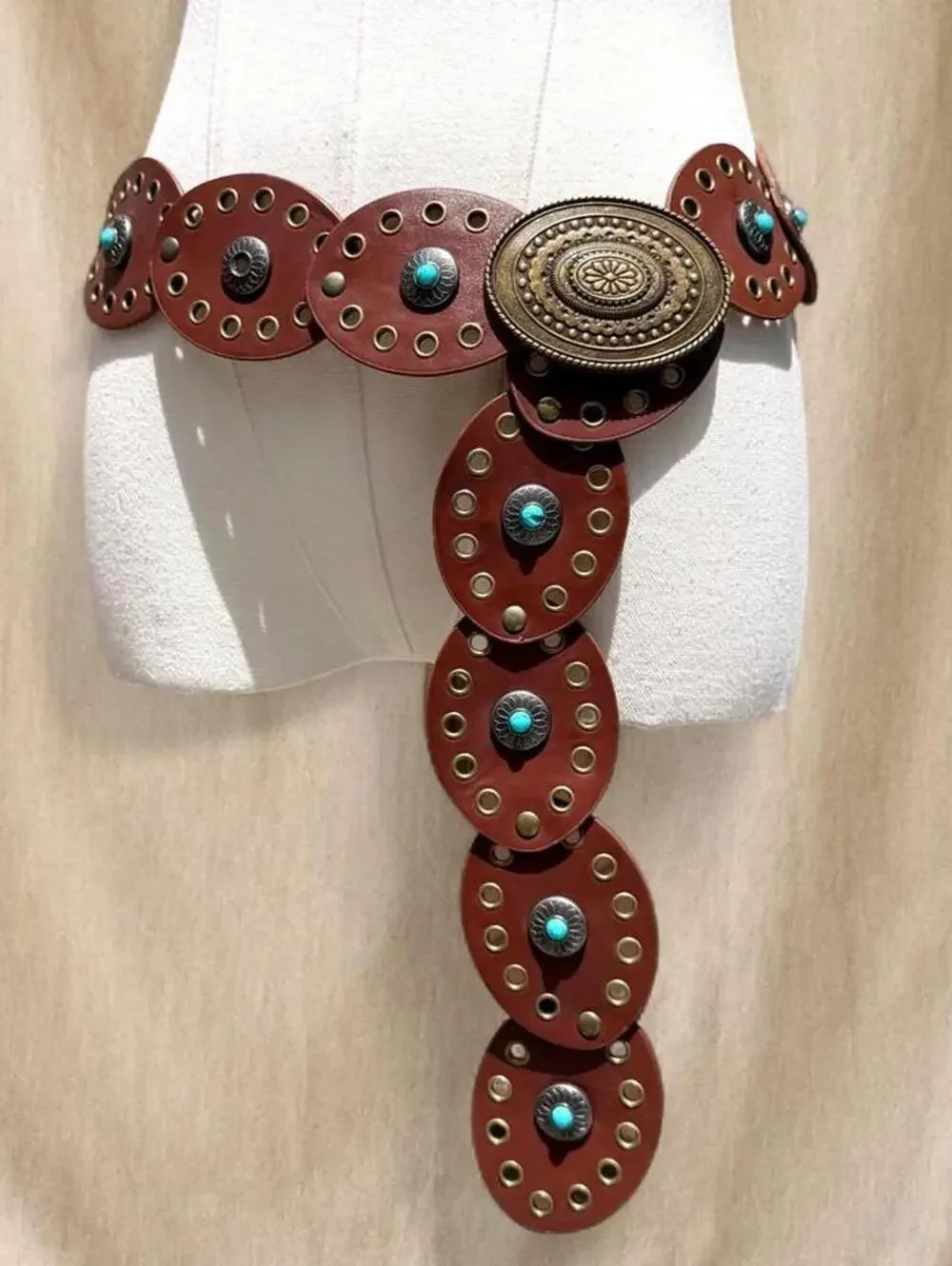 Y2K brown faux leather belt with turquoise and bronze conchos